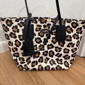 Coach Leopard Print Canvas Tote Bag in Black and Tan